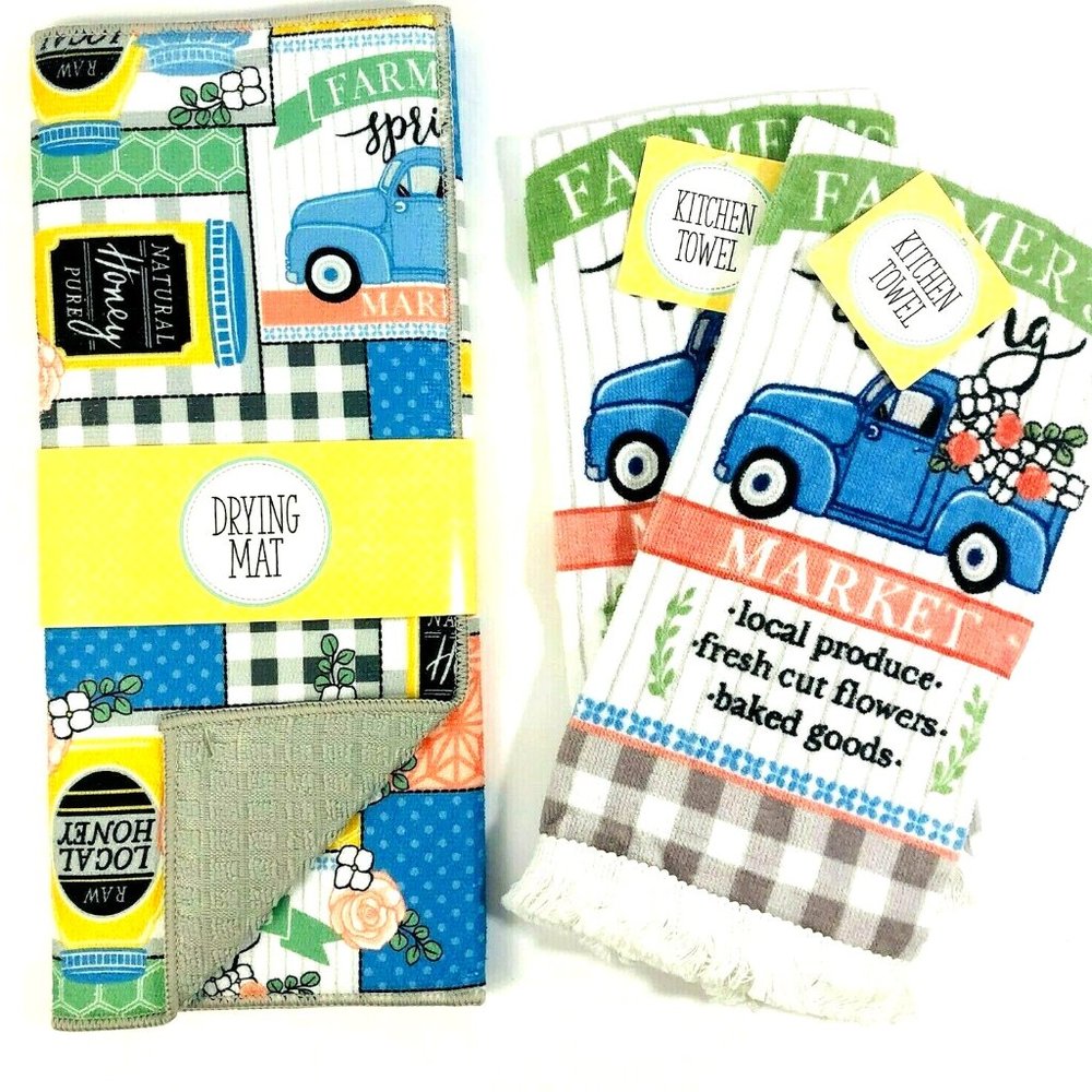 Dish Drying Mat Kitchen Towels 3 Piece Set Spring Farmers Market Blue Truck New